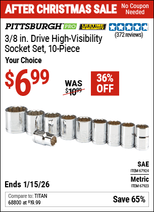 Harbor Freight PITTSBURGH PRO 3/8 IN. DRIVE HIGH VISIBILITY SOCKET SET, 10-PIECE coupon