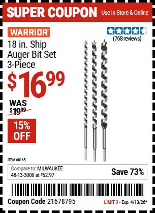 www.hfqpdb.com - WARRIOR 18 IN. SHIP AUGER BIT SET, 3-PIECE Lot No. 68165