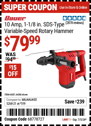 www.hfqpdb.com - BAUER 10 AMP, 1-1/8 IN. SDS-TYPE VARIABLE-SPEED ROTARY HAMMER Lot No. 64288/64287