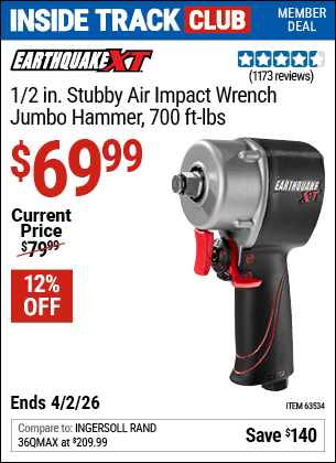 www.hfqpdb.com - EARTHQUAKE XT 1/2 IN. STUBBY AIR IMPACT WRENCH, JUMBO HAMMER, 700 FT-LBS Lot No. 63534