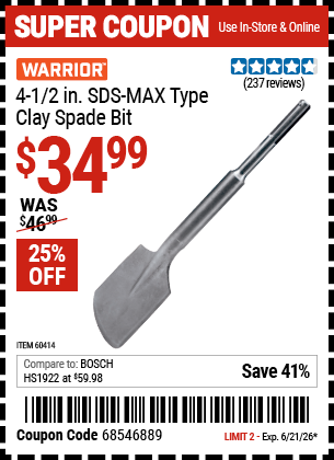 www.hfqpdb.com - WARRIOR 4-1/2 IN. SDS-MAX TYPE CLAY SPADE BIT Lot No. 60414