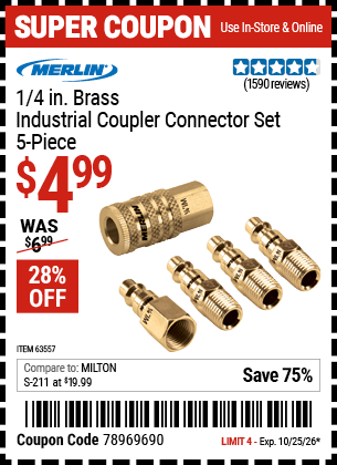 www.hfqpdb.com - MERLIN 1/4 IN. BRASS INDUSTRIAL COUPLER CONNECTOR SET, 5-PIECE Lot No. 63557