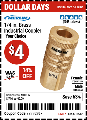 www.hfqpdb.com - MERLIN 1/4 IN. BRASS INDUSTRIAL COUPLER Lot No. 63558/63559
