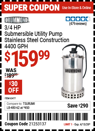 www.hfqpdb.com - DRUMMOND 3/4 HP SUBMERSIBLE UTILITY PUMP, STAINLESS STEEL CONSTRUCTION, 4400 GPH Lot No. 63477
