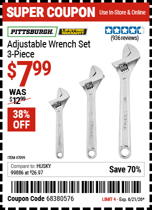 www.hfqpdb.com - PITTSBURGH ADJUSTABLE WRENCH SET, 3-PIECE Lot No. 47099