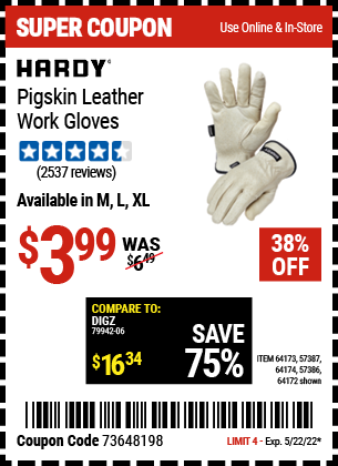 Harbor Freight PIGSKIN LEATHER WORK GLOVES coupon