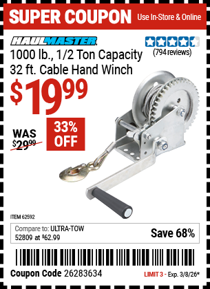 Harbor Freight HAUL-MASTER 1000 LB., 1/2 TON CAPACITY, 32 FT. CABLE HAND WINCH coupon