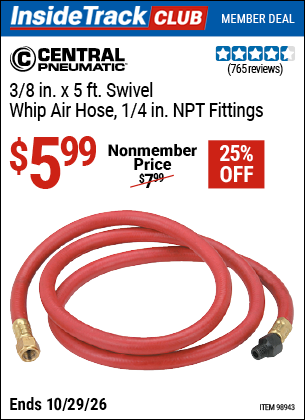 www.hfqpdb.com - CENTRAL PNEUMATIC PROFESSIONAL 3/8 IN. X 5 FT. SWIVEL WHIP AIR HOSE, 1/4 IN. NPT FITTINGS Lot No. 98943