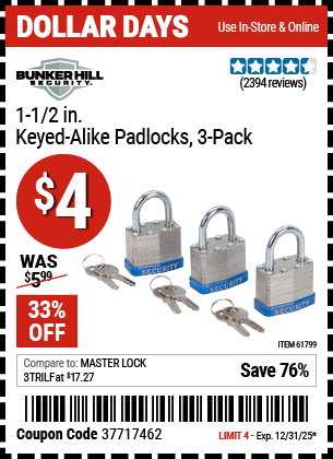 www.hfqpdb.com - BUNKER HILL SECURITY 1-1/2 IN. KEYED-ALIKE PADLOCKS, 3-PACK Lot No. 61799