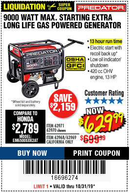 Harbor Freight Tools Coupon Database Free Coupons 25 Percent Off Coupons Toolbox Coupons Predator 9000 Peak 7250 Running Watts 13 Hp 420 Cc Gas Generator