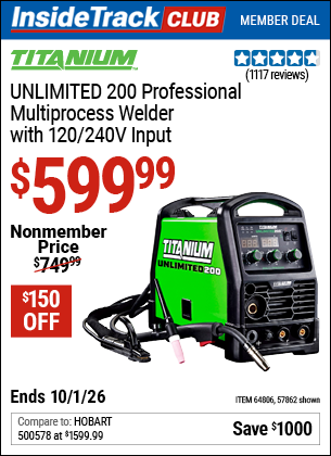 Harbor Freight TITANIUM UNLIMITED 200 PROFESSIONAL MULTIPROCESS WELDER WITH 120/240V INPUT coupon