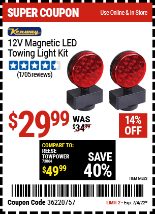 Harbor Freight 12 VOLT LED MAGNETIC TOWING LIGHT KIT coupon