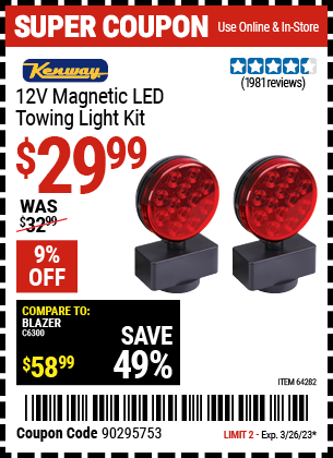 Harbor Freight 12 VOLT LED MAGNETIC TOWING LIGHT KIT coupon