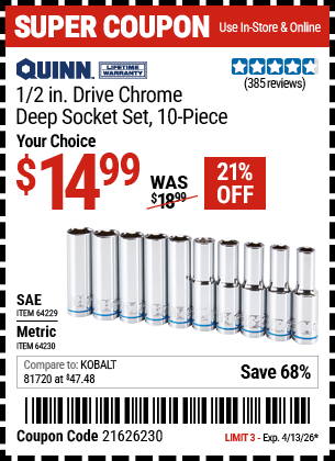 www.hfqpdb.com - QUINN 1/2 IN. DRIVE CHROME DEEP SOCKET SET, 10-PIECE Lot No. 64229/64230