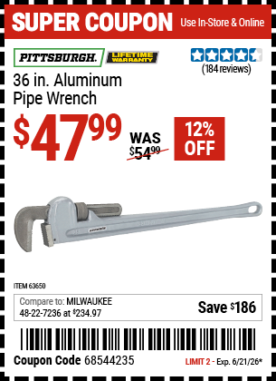 www.hfqpdb.com - PITTSBURGH 36 IN. ALUMINUM PIPE WRENCH Lot No. 63650