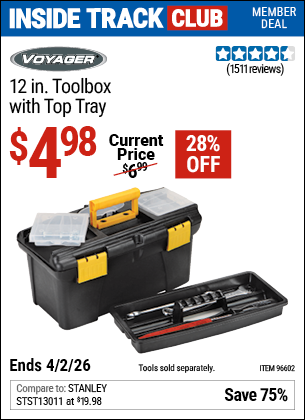 www.hfqpdb.com - VOYAGER 12 IN. TOOLBOX WITH TOP TRAY Lot No. 96602