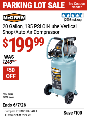 www.hfqpdb.com - MCGRAW 20 GALLON, 135 PSI OIL-LUBE VERTICAL SHOP/AUTO AIR COMPRESSOR Lot No. 64857/56241