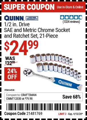 www.hfqpdb.com - QUINN 1/2 IN. DRIVE SAE AND METRIC CHROME SOCKET AND RATCHET SET, 21-PIECE Lot No. 64538