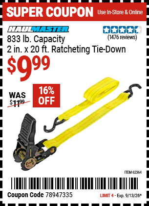 www.hfqpdb.com - HAUL-MASTER 833 LB. CAPACITY, 2 IN. X 20 FT. RATCHETING TIE-DOWN Lot No. 62364/47764