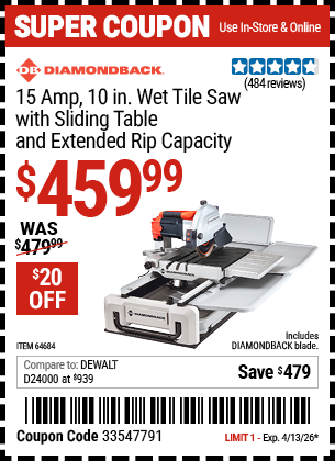 www.hfqpdb.com - DIAMONDBACK 15 AMP, 10 IN. WET TILE SAW WITH SLIDING TABLE AND EXTENDED RIP CAPACITY Lot No. 64684