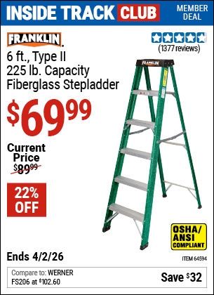 www.hfqpdb.com - FRANKLIN 6 FT., TYPE II, 225 LB. FIBERGLASS STEPLADDER Lot No. 64594