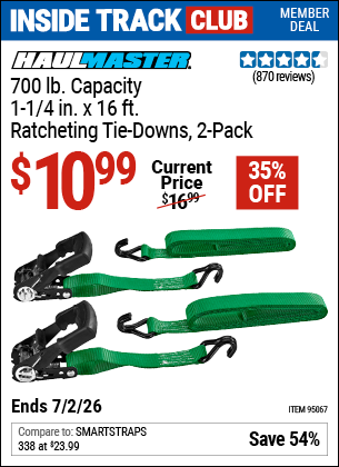 www.hfqpdb.com - HAUL-MASTER 700 LB. CAPACITY, 1-1/4 IN. X 16 FT. RATCHETING TIE-DOWNS, 2-PACK Lot No. 95067