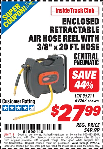 Harbor Freight Tools Coupon Database - Free coupons, 25 percent off coupons,  toolbox coupons - ENCLOSED RETRACTABLE AIR HOSE REEL WITH 3/8 x 20 FT. HOSE