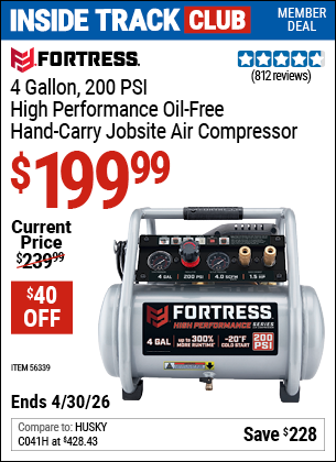 www.hfqpdb.com - FORTRESS 4 GALLON, 200 PSI HIGH PERFORMANCE OIL-FREE HAND-CARRY JOBSITE AIR COMPRESSOR Lot No. 56339
