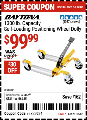www.hfqpdb.com - DAYTONA 1300 LB. CAPACITY SELF-LOADING POSITIONING WHEEL DOLLY Lot No. 64601