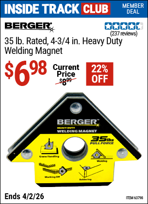 www.hfqpdb.com - BERGER 35 LB. RATED, 4-3/4 IN. HEAVY DUTY WELDING MAGNET Lot No. 63798