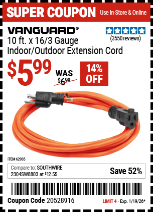 www.hfqpdb.com - VANGUARD 10 FT. X 16/3 GAUGE INDOOR/OUTDOOR EXTENSION CORD, ORANGE Lot No. 62935/62936