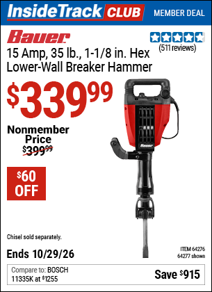www.hfqpdb.com - BAUER 15 AMP, 35 LB., 1-1/8 IN. HEX LOWER-WALL BREAKER HAMMER Lot No. 64277/64276