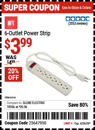 www.hfqpdb.com - HFT 6-OUTLET POWER STRIP Lot No. 64144