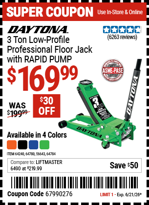 www.hfqpdb.com - DAYTONA 3 TON LOW-PROFILE PROFESSIONAL FLOOR JACK WITH RAPID PUMP Lot No. 56643/64240/64780/64784