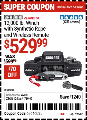 www.hfqpdb.com - BADLAND APEX 12,000 LB. WINCH WITH SYNTHETIC ROPE AND WIRELESS REMOTE Lot No. 56385