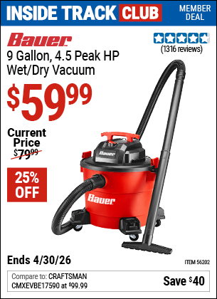 www.hfqpdb.com - BAUER 9 GALLON, 4.5 PEAK HP WET/DRY VACUUM Lot No. 56202