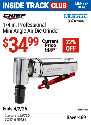 www.hfqpdb.com - CHIEF 1/4 IN. PROFESSIONAL MINI ANGLE AIR DIE GRINDER Lot No. 64869