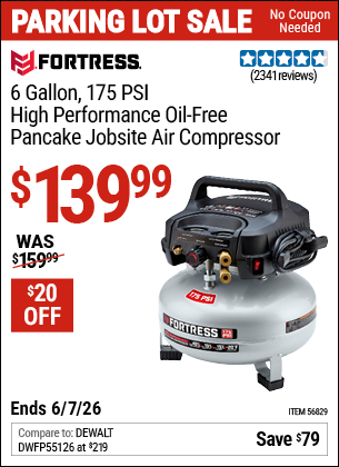 www.hfqpdb.com - FORTRESS 6 GALLON, 175 PSI HIGH PERFORMANCE OIL-FREE PANCAKE JOBSITE AIR COMPRESSOR Lot No. 56829