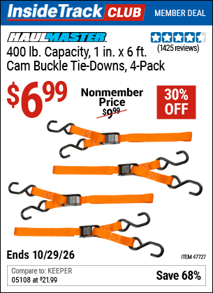 www.hfqpdb.com - HAUL-MASTER 400 LB. CAPACITY, 1 IN. X 6 FT. CAM BUCKLE TIE-DOWNS, 4-PACK Lot No. 47727