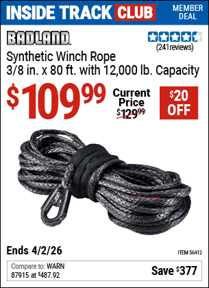 www.hfqpdb.com - BADLAND SYNTHETIC WINCH ROPE, 3/8 IN. X 80 FT. WITH 12,000 LB. CAPACITY Lot No. 56412