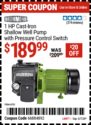 Harbor Freight DRUMMOND 1 HP CAST-IRON SHALLOW WELL PUMP WITH PRESSURE CONTROL SWITCH coupon