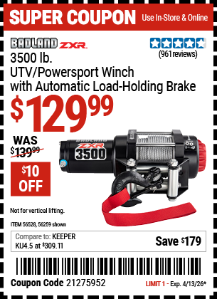 www.hfqpdb.com - BADLAND ZXR 3500 LB. UTV/POWERSPORT WINCH WITH AUTOMATIC LOAD-HOLDING BRAKE Lot No. 56259