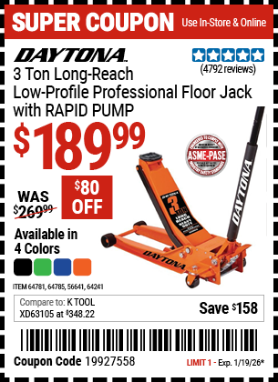 www.hfqpdb.com - DAYTONA 3 TON LONG-REACH LOW-PROFILE PROFESSIONAL FLOOR JACK WITH RAPID PUMP Lot No. 56641/64241/64781/64785