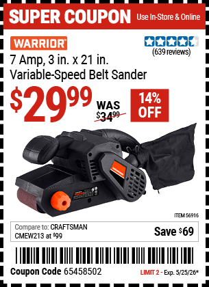 www.hfqpdb.com - WARRIOR 7 AMP, 3 IN. X 21 IN. VARIABLE-SPEED BELT SANDER Lot No. 56916