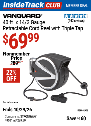 www.hfqpdb.com - VANGUARD 40 FT. X 14/3 GAUGE RETRACTABLE CORD REEL WITH TRIPLE TAP, BLACK Lot No. 62952