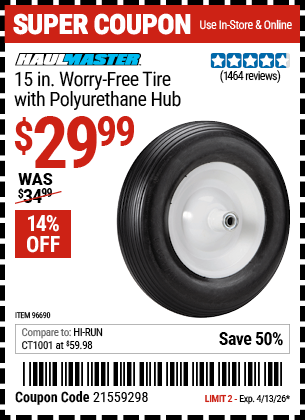 www.hfqpdb.com - HAUL-MASTER 15 IN. WORRY-FREE TIRE WITH POLYURETHANE HUB Lot No. 96690/62640