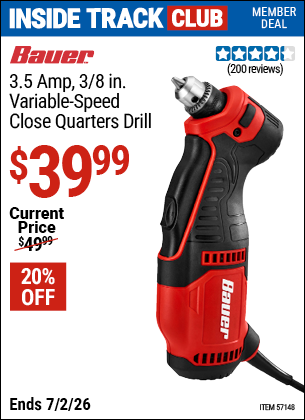 Harbor Freight BAUER 3.5 AMP, 3/8 IN. VARIABLE-SPEED CLOSE QUARTERS DRILL coupon