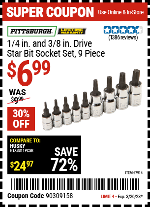 www.hfqpdb.com - PITTSBURGH 1/4IN. AND 3/8IN. DRIVE STAR BIT SOCKET SET, 9PC. Lot No. 67914