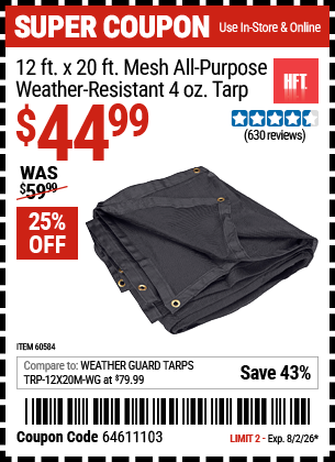 www.hfqpdb.com - HFT 12 FT. X 20 FT. MESH ALL-PURPOSE/WEATHER-RESISTANT 4 OZ. TARP Lot No. 60584