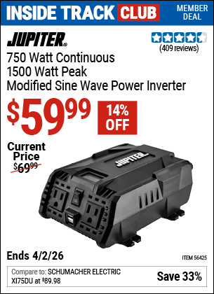 www.hfqpdb.com - JUPITER 750 WATT CONTINUOUS/1500 WATT PEAK MODIFIED SINE WAVE POWER INVERTER Lot No. 56425